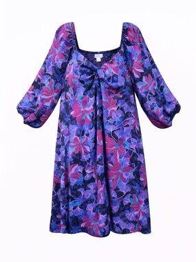 Additionelle abstract floral puff sleeve dress 2X  Midi black purple blue